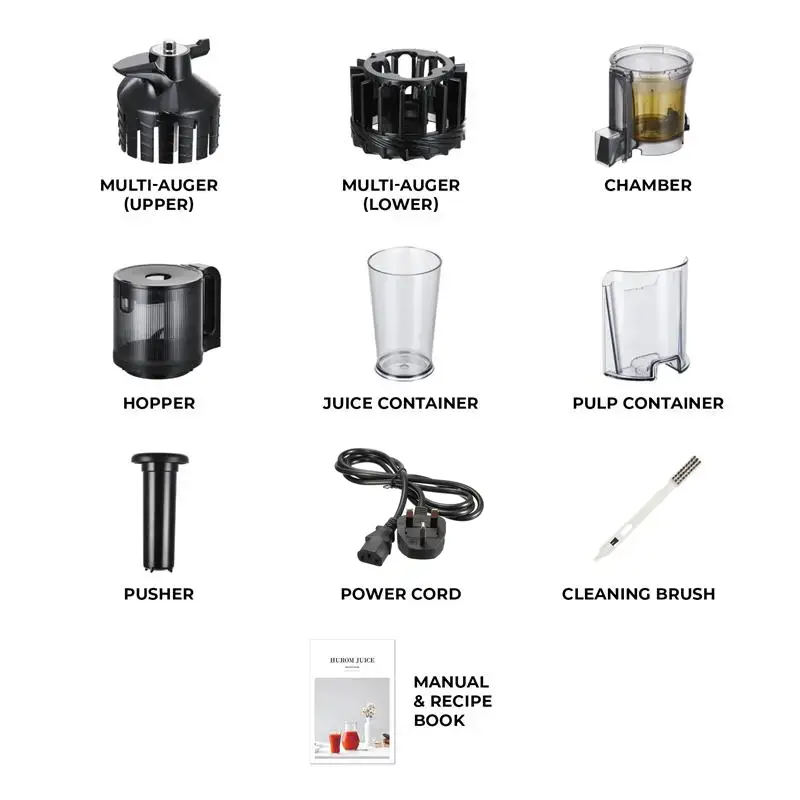 Disassembled juicer parts laid out for easy cleaning