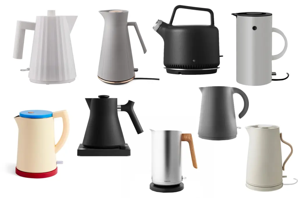 Multiple modern kettles side by side in minimalist styles.