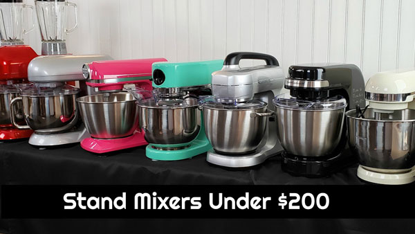 Best stand mixers under $200 for 2025 displayed side by side with different colors and stainless steel bowls.