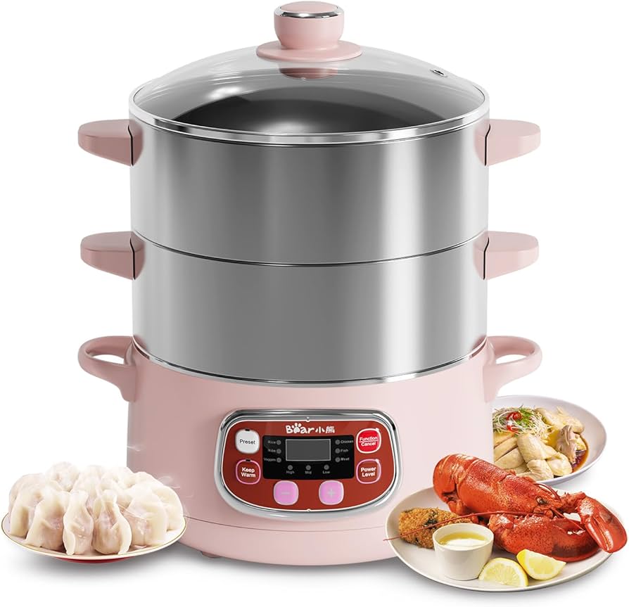 Bear electric food steamer with two stainless steel tiers and digital controls for healthy cooking