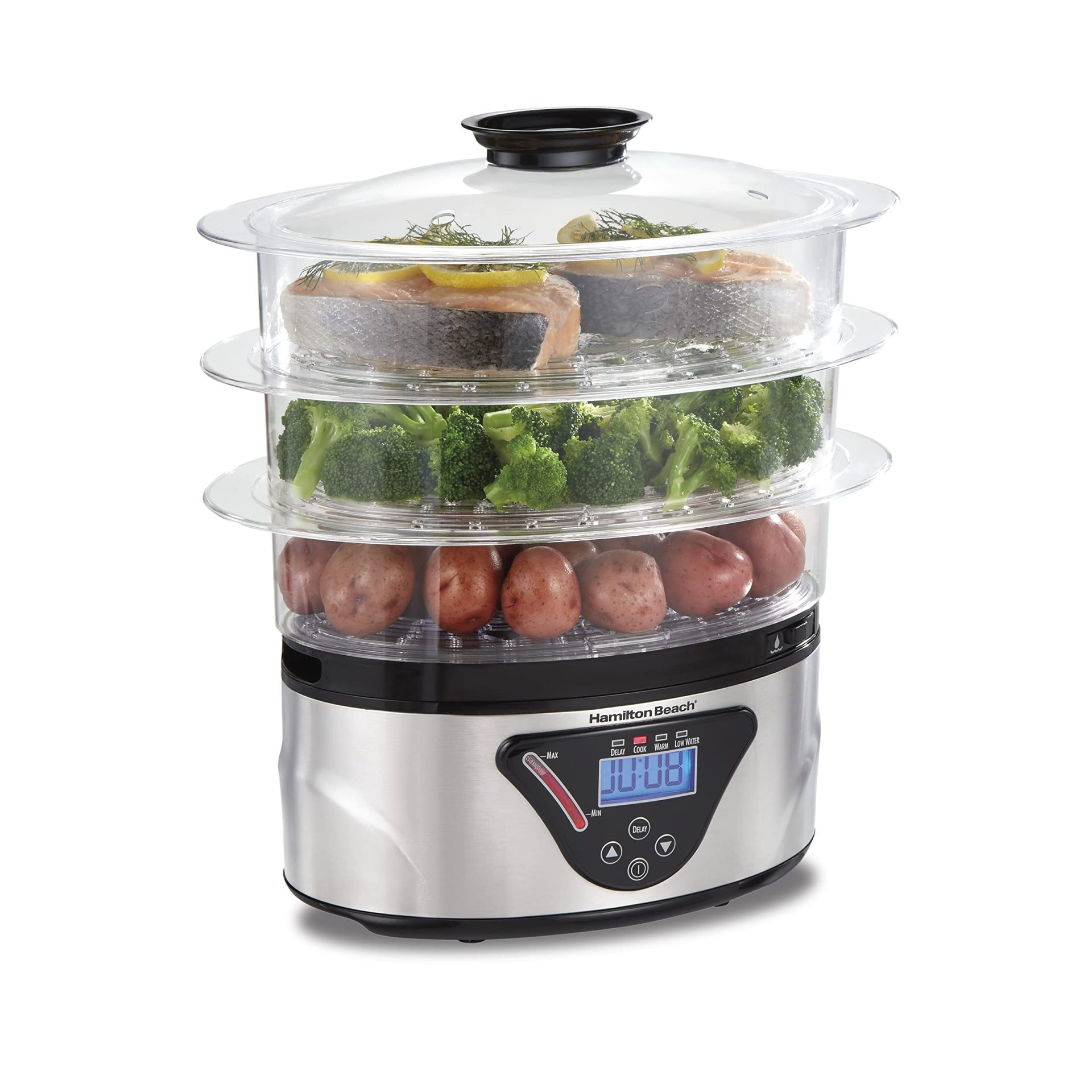 Hamilton Beach digital electric food steamer with stacked tiers cooking vegetables, fish, and potatoes