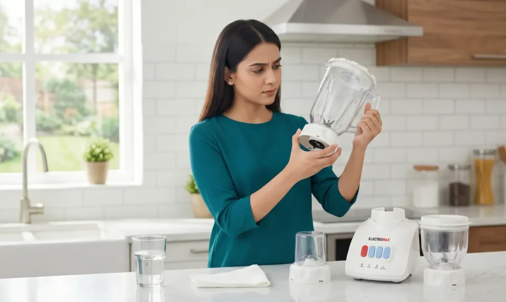 Woman inspecting the bottom of a blender jar in a kitchen to identify the source of a leak