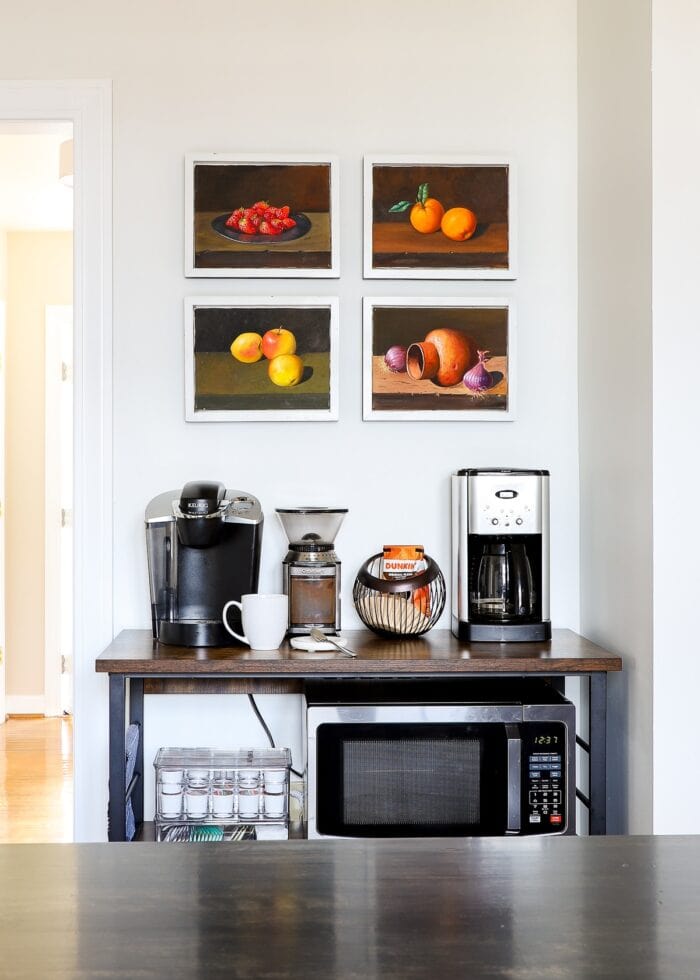 Home coffee station with multiple coffee makers on a kitchen counter, showing proper placement and spacing to prevent leaks and heat buildup