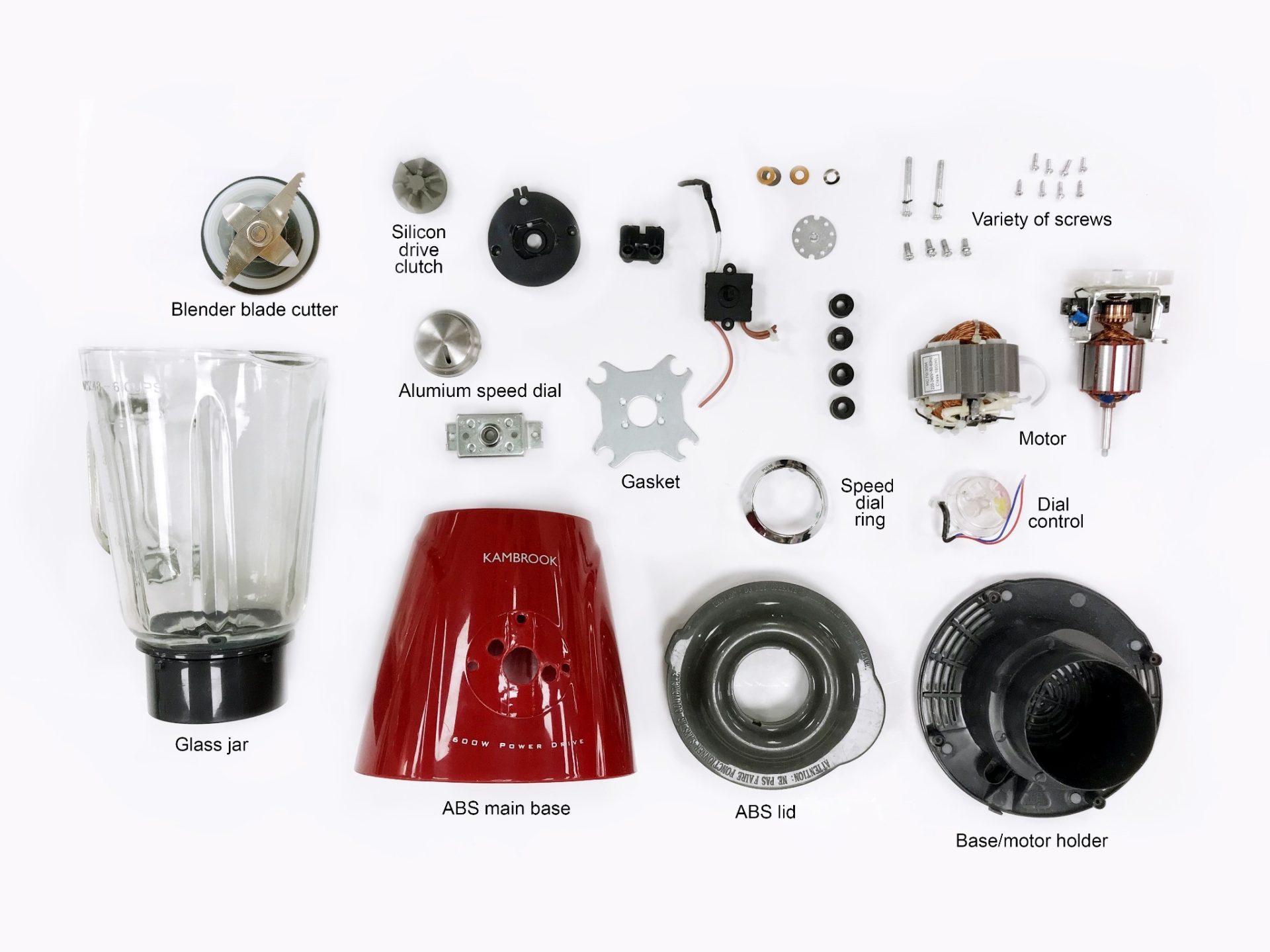 Disassembled blender parts showing blade assembly, gasket, motor, and base components