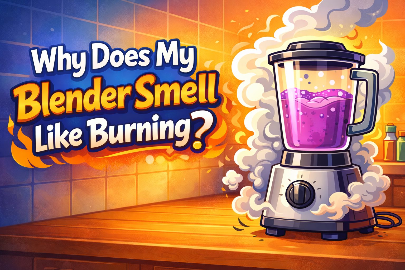 Cartoon blender overheating with smoke and purple liquid illustrating why a blender smells like burning