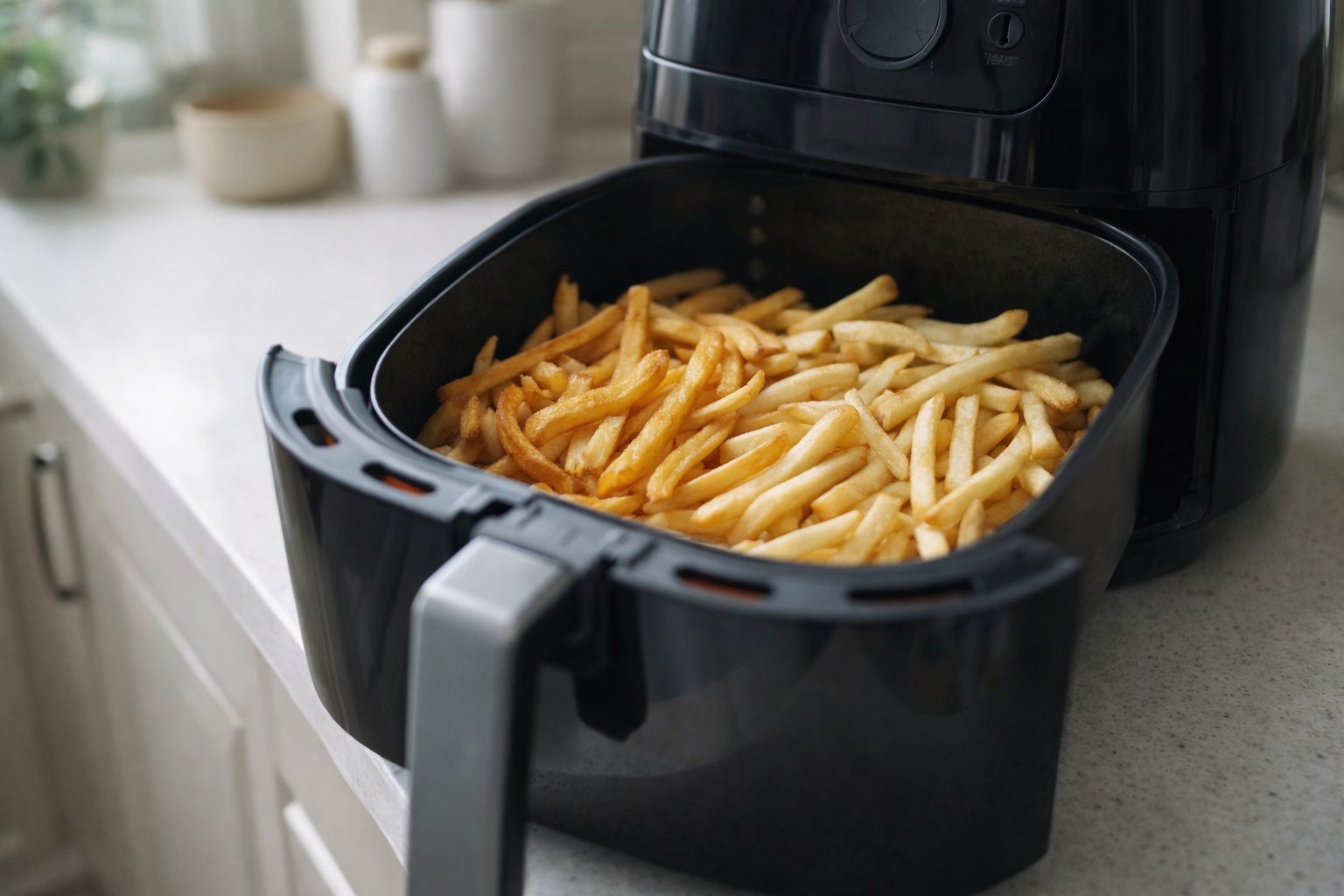Air fryer basket with fries unevenly browned, some golden and others pale