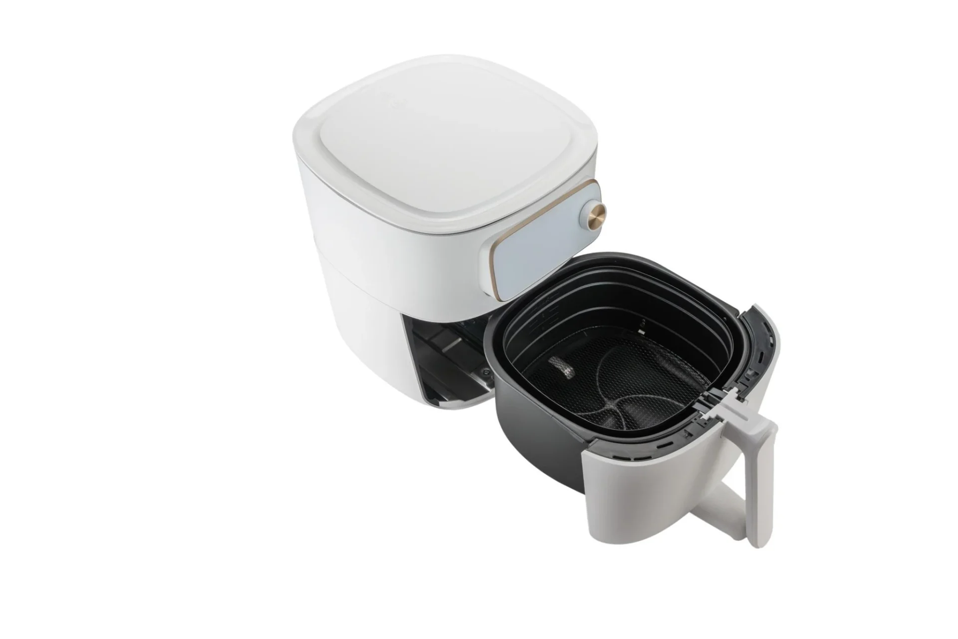 Clean air fryer with empty basket removed, showing proper maintenance and airflow